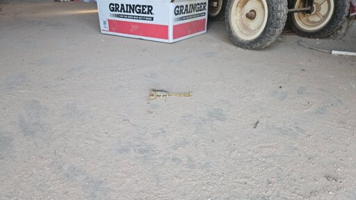 A scorpion in the middle of a dust covered, concrete floor. 