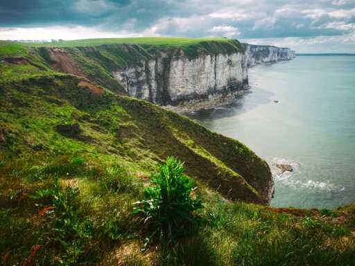 View west along the Bempton Cliffs, with towering white chalk faces topped by vivid green grass stretching into the distance beside a calm grey-blue sea, beneath a dramatic sky of dark and broken clouds.